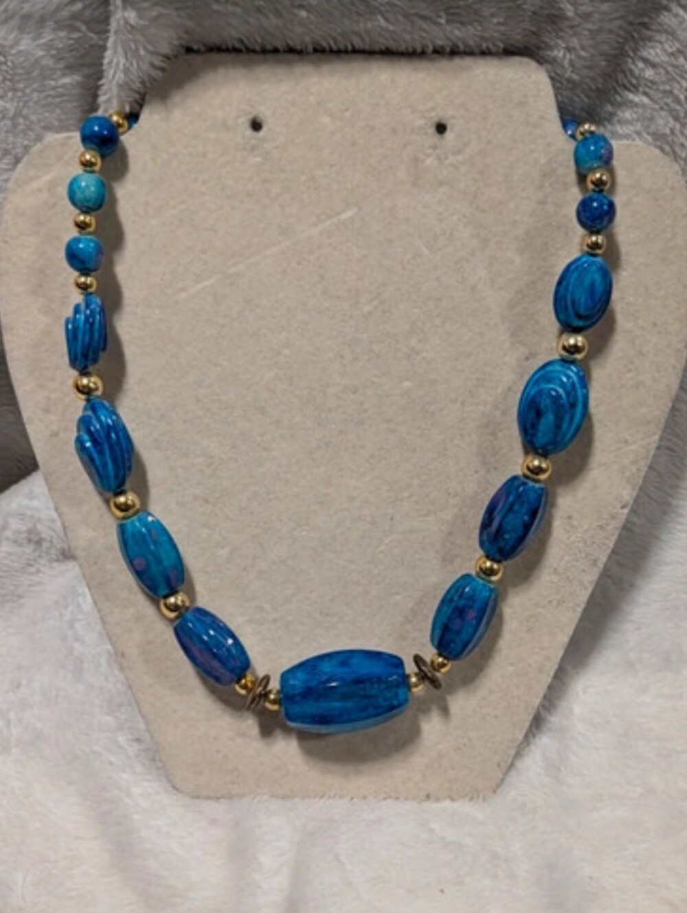 Blue Beaded Statement Necklace With Gold Bead Accents